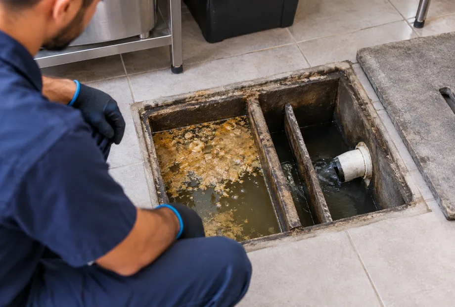 Técnico verifica resíduos acumulados em uma caixa de gordura aberta no piso