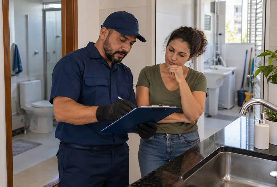 Técnico conversa com a moradora sobre a avaliação da pia antes de definir o desentupimento