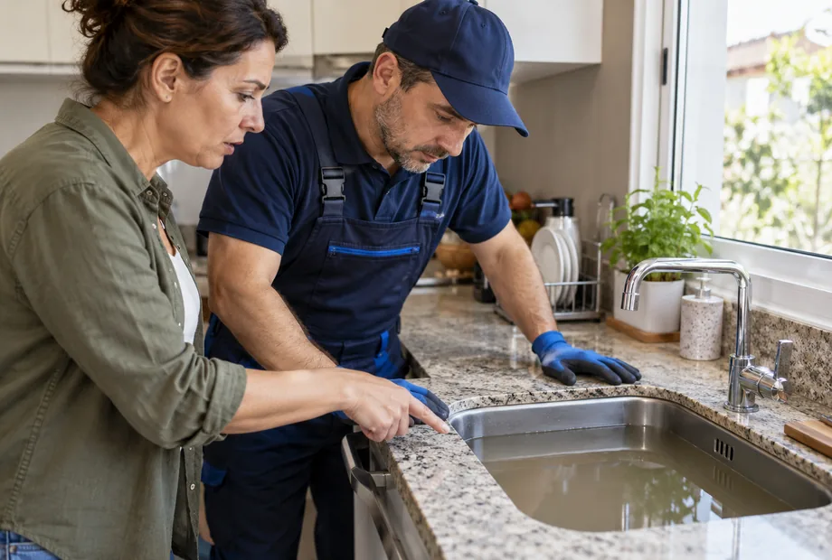 Moradora aponta a água parada na pia da cozinha enquanto o técnico observa