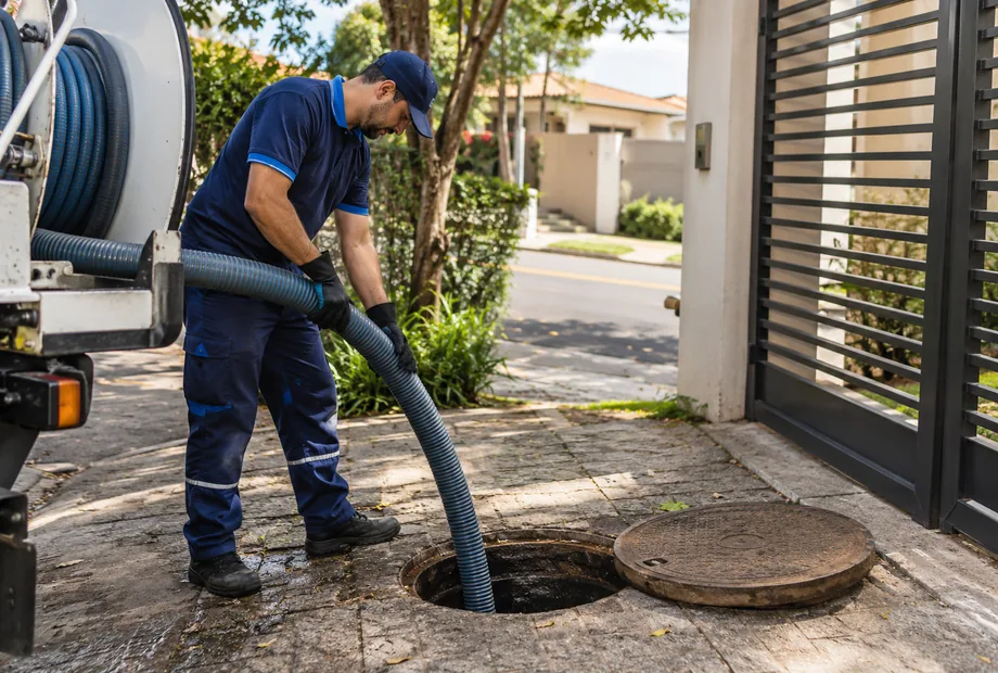 Técnico inspeciona uma abertura de esgoto perto do portão, com mangueira e caminhão na rua