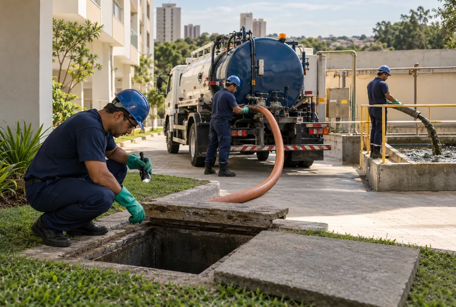 Profissionais com capacetes e luvas operam mangueiras de sucção junto a caixas de inspeção