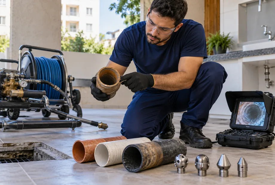 Técnico examina amostras de tubulação e bicos junto ao equipamento de hidrojateamento