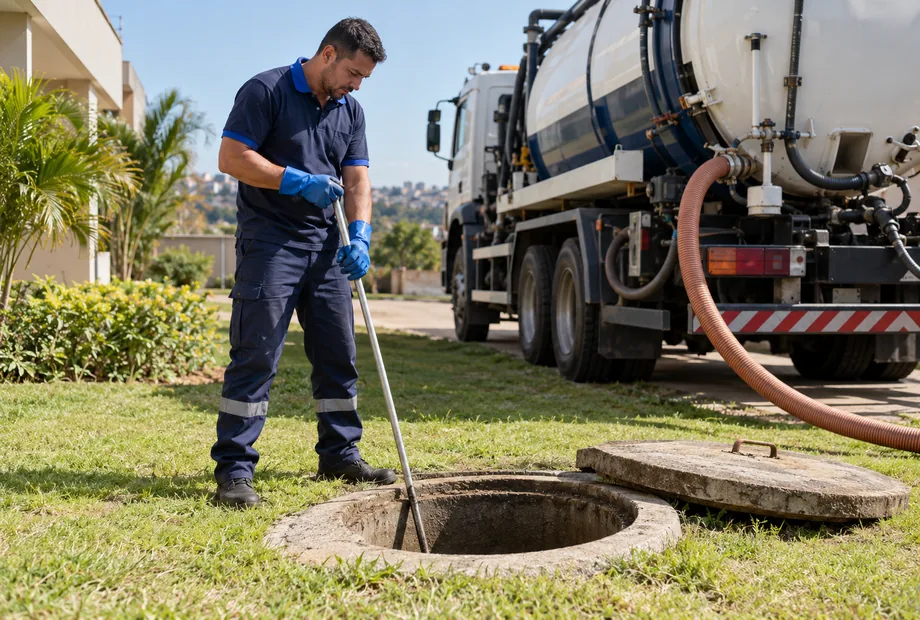 Técnico usa uma haste de inspeção na abertura de uma fossa, com caminhão de sucção ao fundo