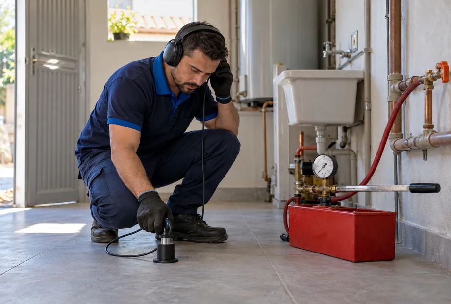Técnico usa um sensor acústico ao lado da bomba e do manômetro de teste na área de serviço