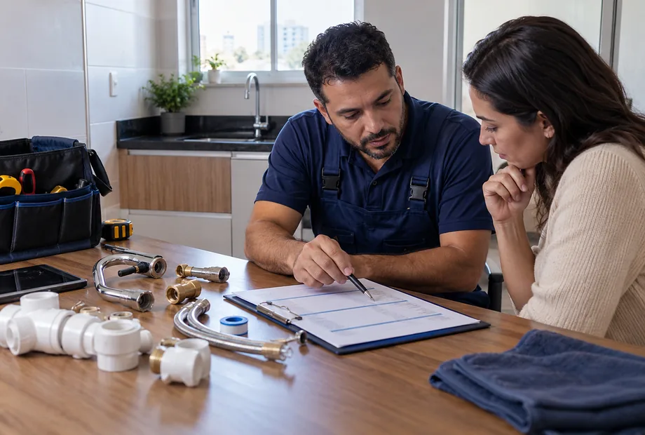 Moradora e encanador avaliam peças hidráulicas e o escopo do orçamento à mesa