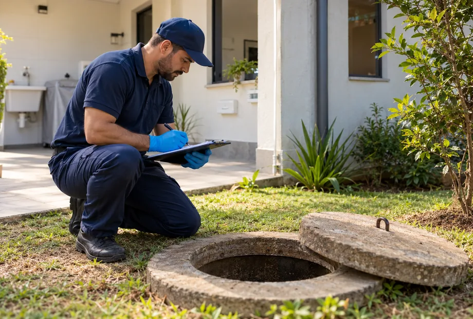Técnico anota a avaliação de uma fossa pela abertura externa no jardim