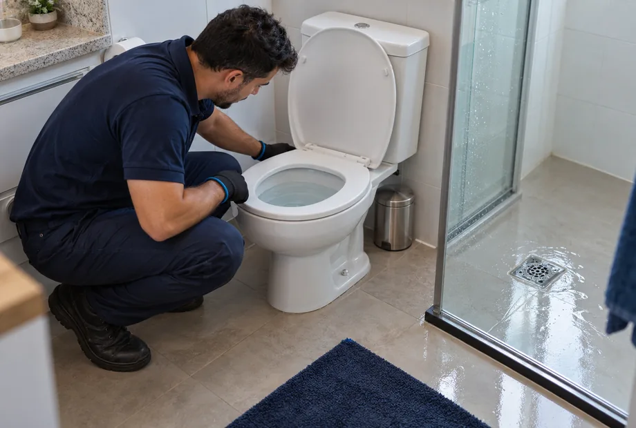 Técnico observa a água acumulada no vaso e no piso junto ao box do banheiro