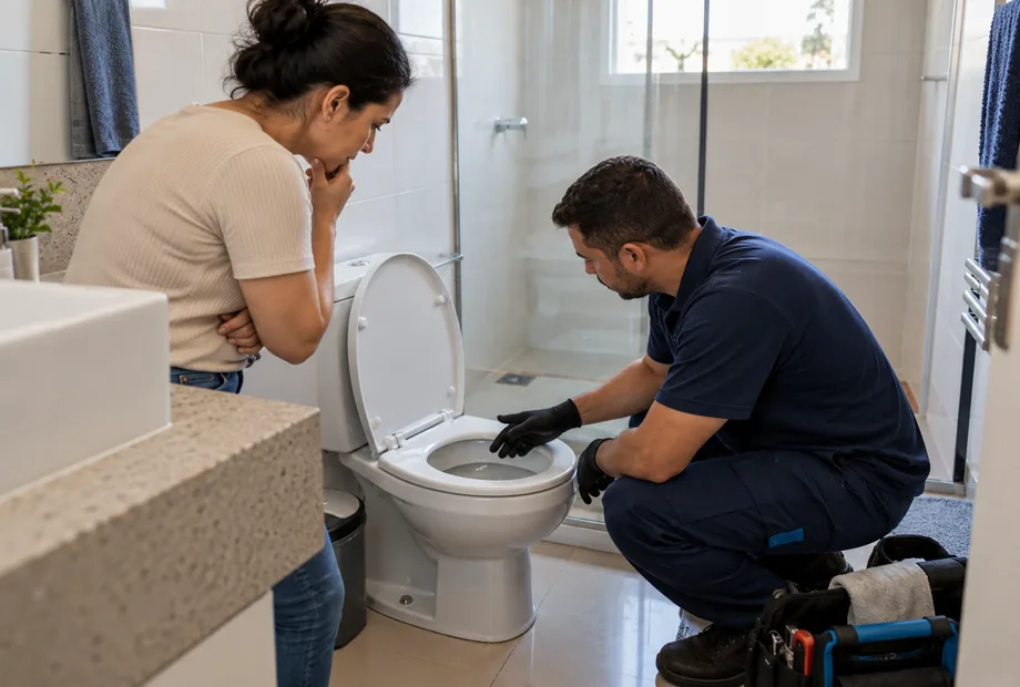 Moradora acompanha o encanador enquanto ele examina o vaso sanitário
