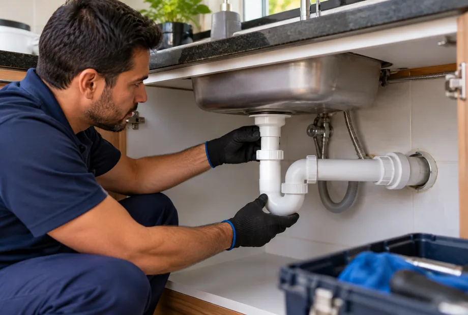 Técnico com luvas verifica o sifão branco sob a pia da cozinha