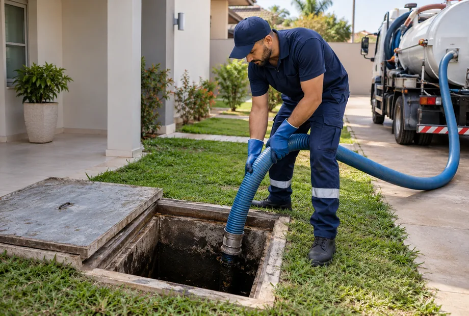 Profissional manuseia a mangueira de sucção na abertura de uma fossa, ao lado do caminhão